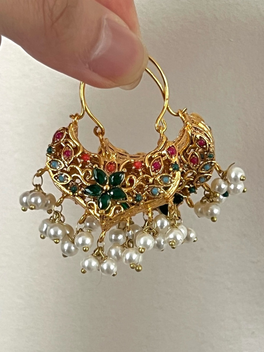 Gold indian pakistani earrings with multicolored stones and beads